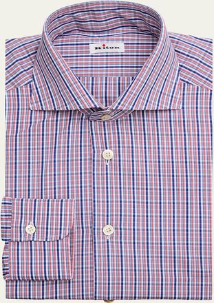 Kiton Mens Graph Check Cotton Dress Shirt