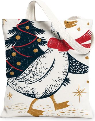 Generic Christmas Bird Canvas Tote Bags, Holiday Goose Design Reusable Bags, Vintage Lightweight Washable Canvas for Travel Beach P, White, 13x15 Inch