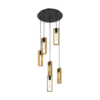 Loops Hanging Ceiling Pendant Light Black & Wood 6 Bulb Multi Lamp Hallway Feature