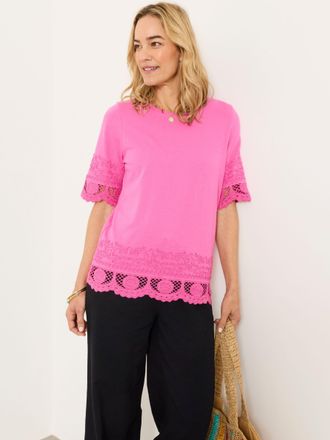 Fat Face FatFace Chloe Pink Crochet Detail T-Shirt