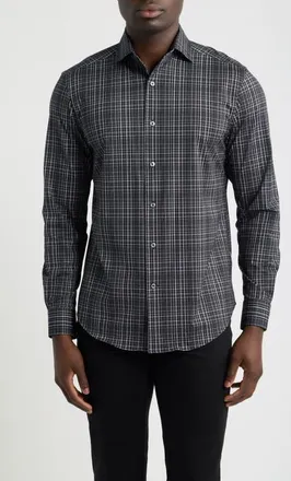 Bugatchi OoohCotton Devon Plaid Performance Shirt in Black at Nordstrom, Size Xxx-Large