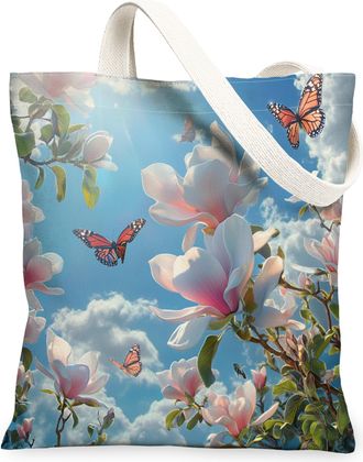 Generic Spring Magnolia Flower Canvas Tote Bag for Shopping 13x15, Floral Garden Landscape Reusable Grocery Print Bag for Women Men, Butterflies Aesthetic Pai