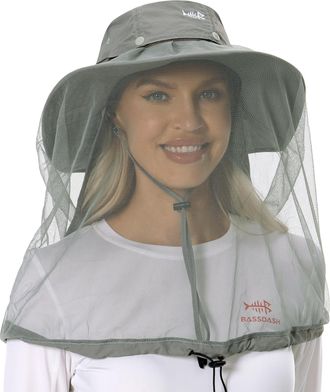 Bassdash UPF 50+ Mosquito Sun Hat with Hidden Head Net and Neck Flap for Men Women Outdoor Fishing Hiking Camping Light Grey