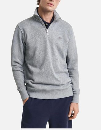 GANT Mens GANT Mens Sweatshirt Embroidered Shield Half Zip Pullover Winter Jumper Black - Grey - Size: 44