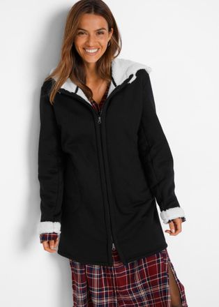 Bonprix Kapuzensweatjacke BONPRIX Kapuzen-Sweatjacke mit Teddyfell, Damen, Gr. 36/38 (S), schwarz, Obermaterial: 85% Polyester, 15% Baumwolle, gerade, Sweatja