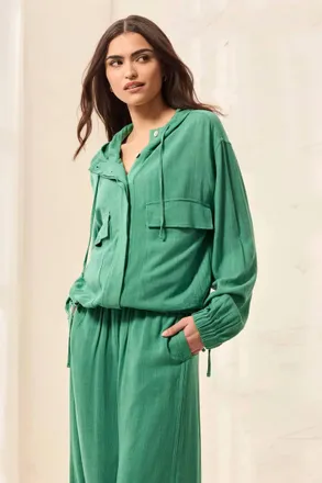 Tribal Lightweight Linen Button-Front Hooded Jacket In Grass