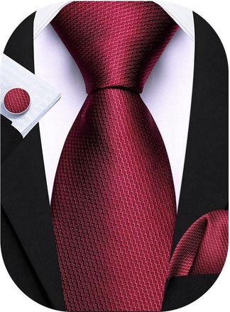 Barry.Wang Burgundy Tie Mens Silk Maroon Necktie Pocket Square Cufflinks Set Wedding Formal