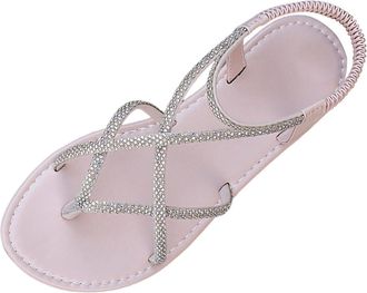 Generic Ladies Flat Sandals Glitter Casual Thong Sandals Open Toe Stylish Rhinestone Lightweight Comfy Slip On Shoes with Elastic Ankle Strap Summer Beach
