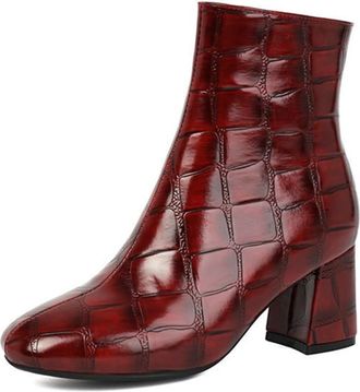 Generic Womens Round Toe Block Heel Ankle Boots Fashion Plaid Pattern Side Zipper Comfort Casual Winter Chelsea Shoes (7.5,Red)