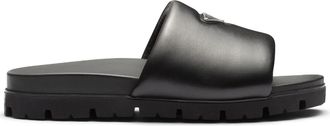 Prada logo plaque brushed leather slides - men - Leather/Leather/Rubber - 5 - Black