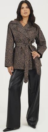 Brave Soul Impermeabile taglio corto doppiopetto marrone leopardato con cintura annodata