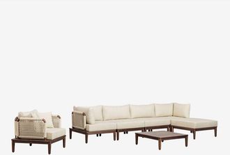 Sklum Conjunto De Jard&iacute;n Con Sof&aacute; Modular 4 Piezas Con 2 Sillones Esquineros,mesa De Centro,puff Y Sill&oacute;n En Acacia Giulia Sklum