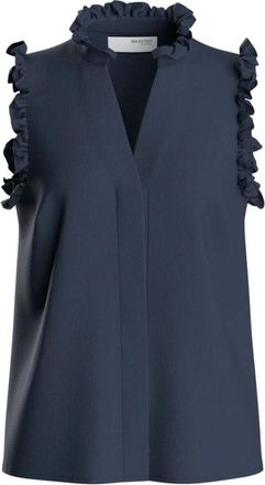 Selected Ruffle Top met V-hals - Dames - Tops zonder mouwen - Blauw - XS - Linnen - Tops
