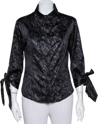 Just Cavalli Black Printed Satin Sleeve Tie Detail Shirt