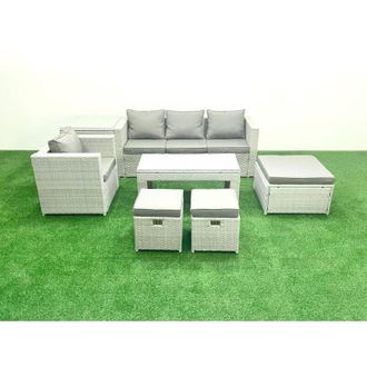 Fimous Rattan Garden Furniture Set Outdoor Lounger Sofa with Coffee Table 3 Footstools Side Table Light Grey Mixed - Fimous