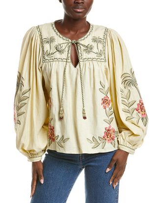Farm Rio Linen-Blend Tropical Flower Embroidered Sand Blouse