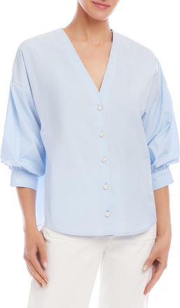 Karen Kane Lantern Sleeve Cotton Button-Up Shirt in Light Blue at Nordstrom, Size X-Small
