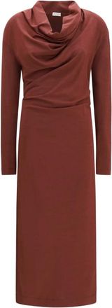 Brunello Cucinelli Vestido midi drapeado en punto de lana t&eacute;cnica con monili - Dresses - Mujer - Marr&oacute;n - XS