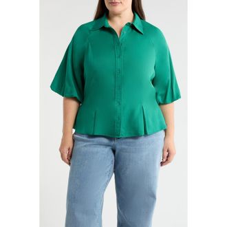 Wit & Wisdom Bubble Sleeve Flare Button-Up Chambray Top in Lake Green at Nordstrom, Size 1 X