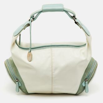 Tod's Tods Off White/green Nylon Suede And Leather Charlotte Hobo