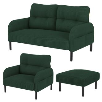 STILVORA Conjunto De Sof&aacute;s De 4 Plazas En Terciopelo Acanalado Con Sof&aacute; Recto, Sill&oacute;n, Taburete, Bolsillo Lateral, Verde Esmeralda