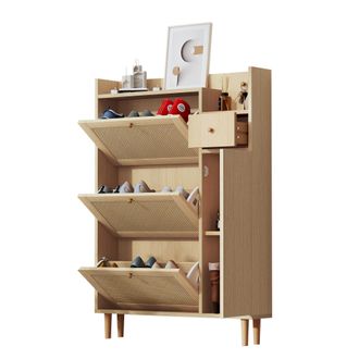 STILVORA Zapatero Con 3 Puertas Abatibles Y 1 Caj&oacute;n, Con Patas De Madera Maciza, En Mdf, 90&times;17&times;125 Cm, Natural