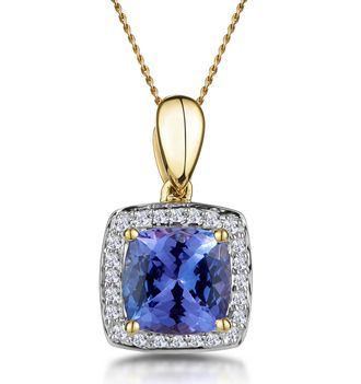 The Diamond Store 2ct Tanzanite and Diamond Halo Square Asteria Necklace in 18K Gold