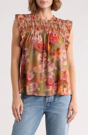 Daniel Rainn Floral Flutter Sleeve Mesh Top in Tan at Nordstrom Rack, Size X-Small