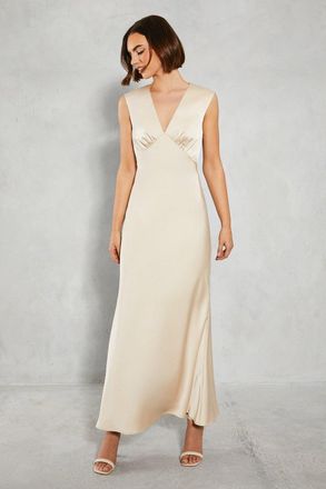 Oasis Womens Satin Open Back Detail Maxi Bridesmaids Dress - Champagne - Size 14 UK