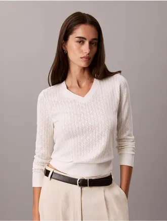 Calvin Klein Womens Pointelle Knit Long Sleeve Top - White - XL