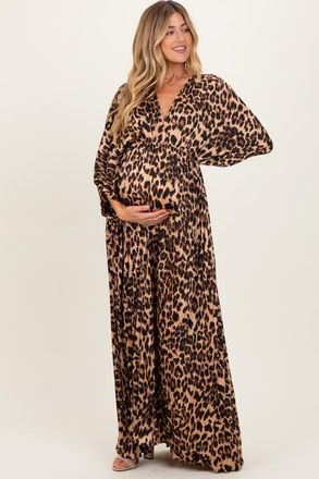 Pinkblush Pleated V Neck Satin Maxi Dress in Brown at Nordstrom, Size Medium