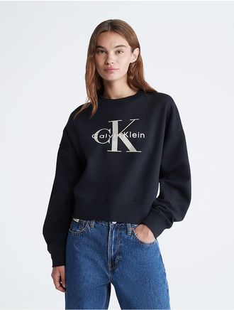 Calvin Klein Womens Monologo Fleece Relaxed Crewneck Sweatshirt - Black - XS