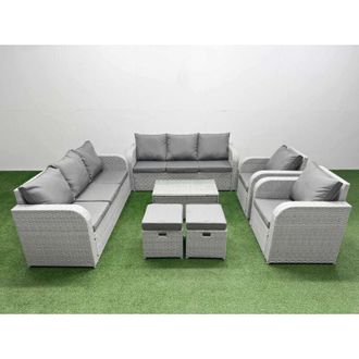 Fimous Pe Rattan High Back Lounge Sofa Set Patio Coffee Table & Chairs Set with 3 Seater Sofa Reclining Chair Stools Light Grey - Fimous