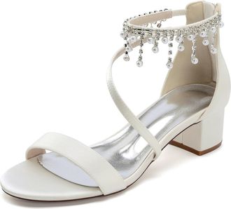 Generic Wedding Shoes Womens Low Heels Open Toe Chunky Heel Bridal Shoes Prom Evening Formal Party Shoes 4.5Cm,Ivory,10 UK