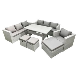 Fimous 7 Pieces Outdoor Rattan Sofa Set with Cushions Patio Garden Furniture Sets with Armchair Dining Table 3 Footstools in Light Grey