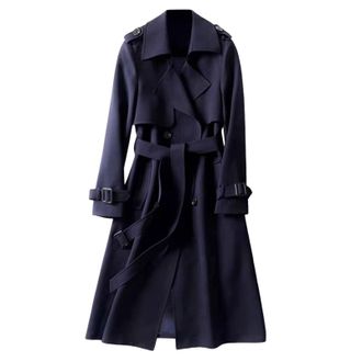 Generic Women Casual Long Trench Windproof Coat with Belt Solid Colour Double-Breasted Lapel Collar Windbreaker Jacket Spring Autumn Coat Outerwear