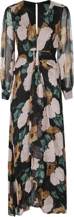 Rixo Floral Charcoal Viscose Draped Flared Maxi Dress