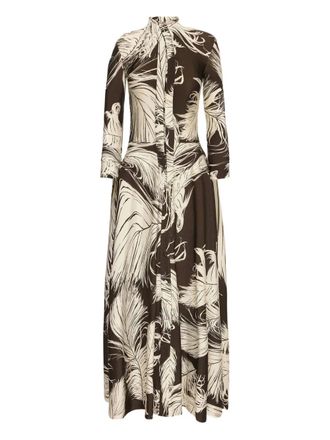 Oscar De La Renta feather jersey midi dress - women - Polyester/Elastane - 10 - Brown