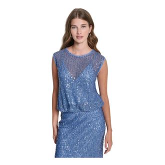 DKNY Dkny, Tops, Dames, Blauw, L, Pailletten, Gelaagde Top met Pailletten van Mesh