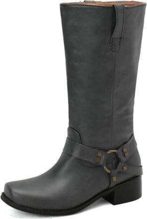 Generic Womens Vintage Mid-Calf Riding Boots, Slip-On with Metal Buckle for Fall-Winter,Gray,1.5 UK