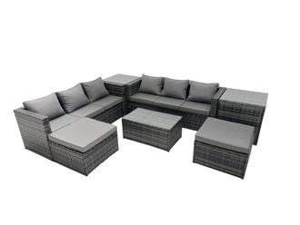 Fimous 8-seater Patio Coffee Table Sofa Set with 2 Side Tables 2 Footstools in Dark Grey