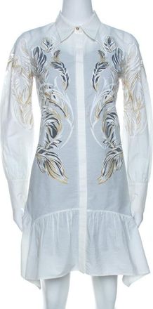 Roberto Cavalli White Brasso Feather Print Cotton Shirt Dress