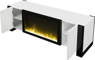 STILVORA Mueble Tv Con 2 Puertas Y Chimenea El&eacute;ctrica Efecto Llama, Alto Brillo, En Tablero, Blanco+negro
