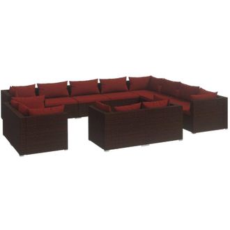 vidaXL Set Muebles De Jard&iacute;n 12 Pzas Y Cojines Rat&aacute;n Sint&eacute;tico Marr&oacute;n Vidaxl