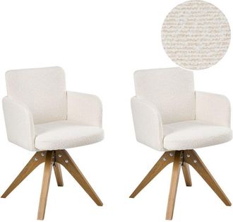Beliani Conjunto De 2 Sillas De Comedor Base Giratoria Con Reposabrazos Tapizado De Boucl&eacute; Patas De Madera Blanco Crema Evelyn