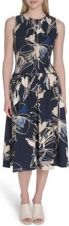 Calvin Klein Floral Sleeveless Smocked Fit & Flare Midi Dress in Indigo Multi at Nordstrom Rack, Size 12