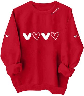 Generic Sweatshirts for Women UK Love Heart Print Valentine Jumpers Long Sleeve Crew Neck Pullover Round Neck Plain Tunic Tops Casual Loose Cute Sweatshirt fo