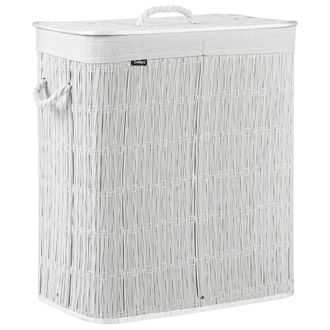 Beliani Cesto Para La Ropa Sucia Plegable Con Tapa Forro Extra&iacute;ble De Dos Compartimentos De Tela Hecho A Mano Cuarto De Ba&ntilde;o 100l Blanco Crema Arraias