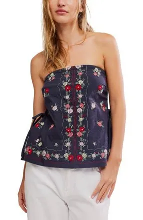 Free People Doily Days Embroidered Strapless Cotton Top in Navy Combo at Nordstrom Rack, Size X-Large