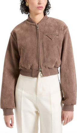 Mani&egrave;re De Voir Monique Suede Wide Shoulder Bomber Jacket in Taupe at Nordstrom, Size 4